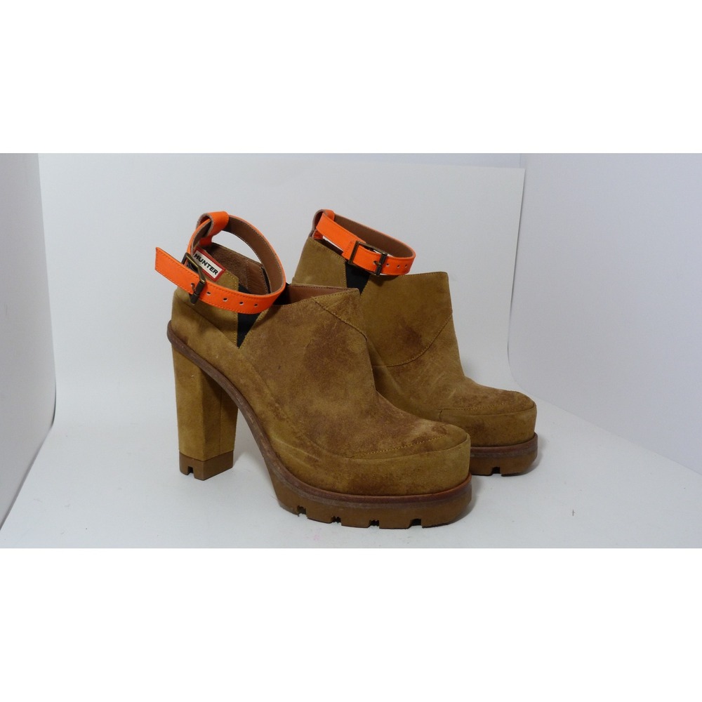 Hunter Tan Suede Neon Orange Strap Platform Block Heel Ankle Boots UK 5